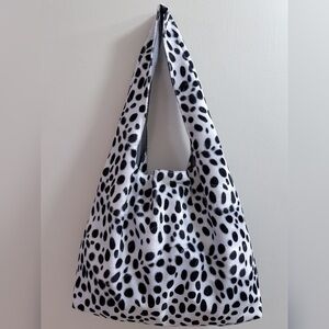 Handmade White Black Spots Dalmatian Animal Print Gray Short Faux Fur Tote Bag